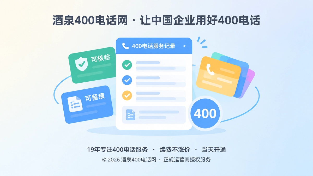聚焦式扁平插画，中央展示可核验的400电话服务记录面板